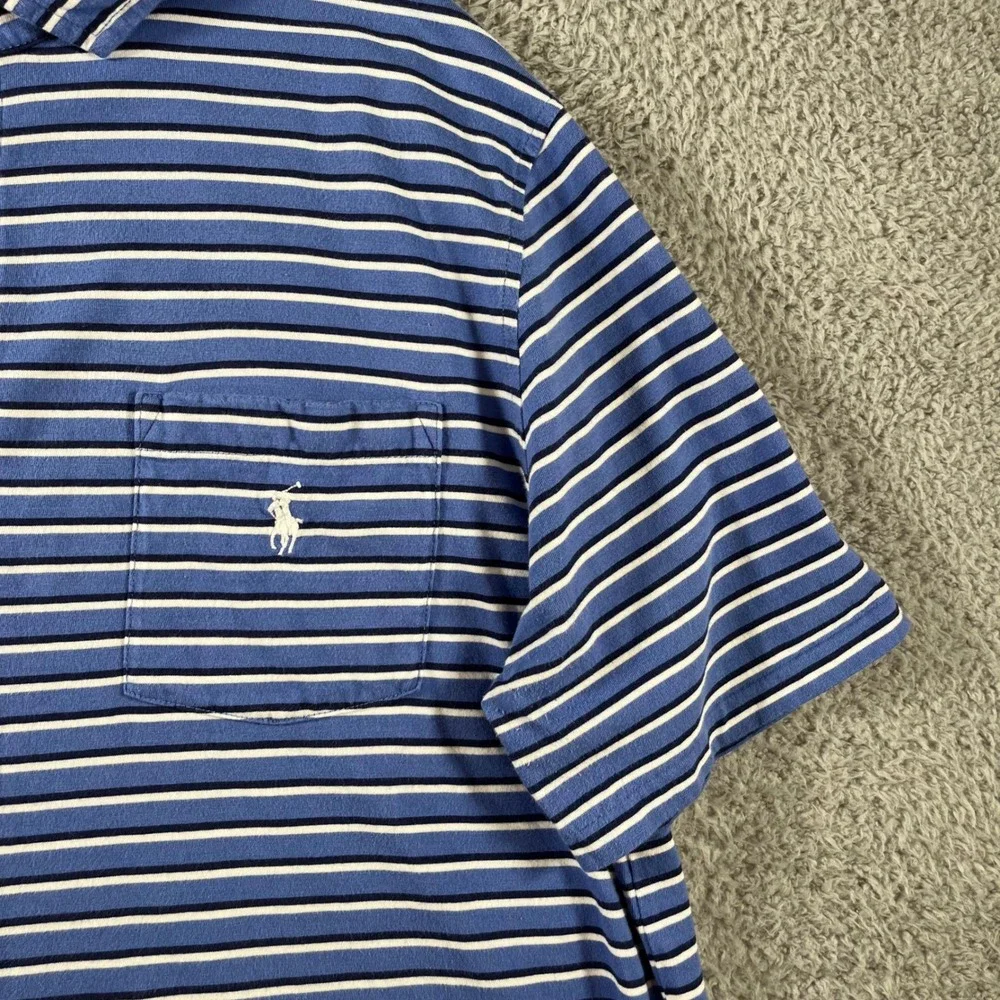 Polo Ralph Lauren Mens Classic Fit Striped Pocket Polo Shirt Blue White Sz Large